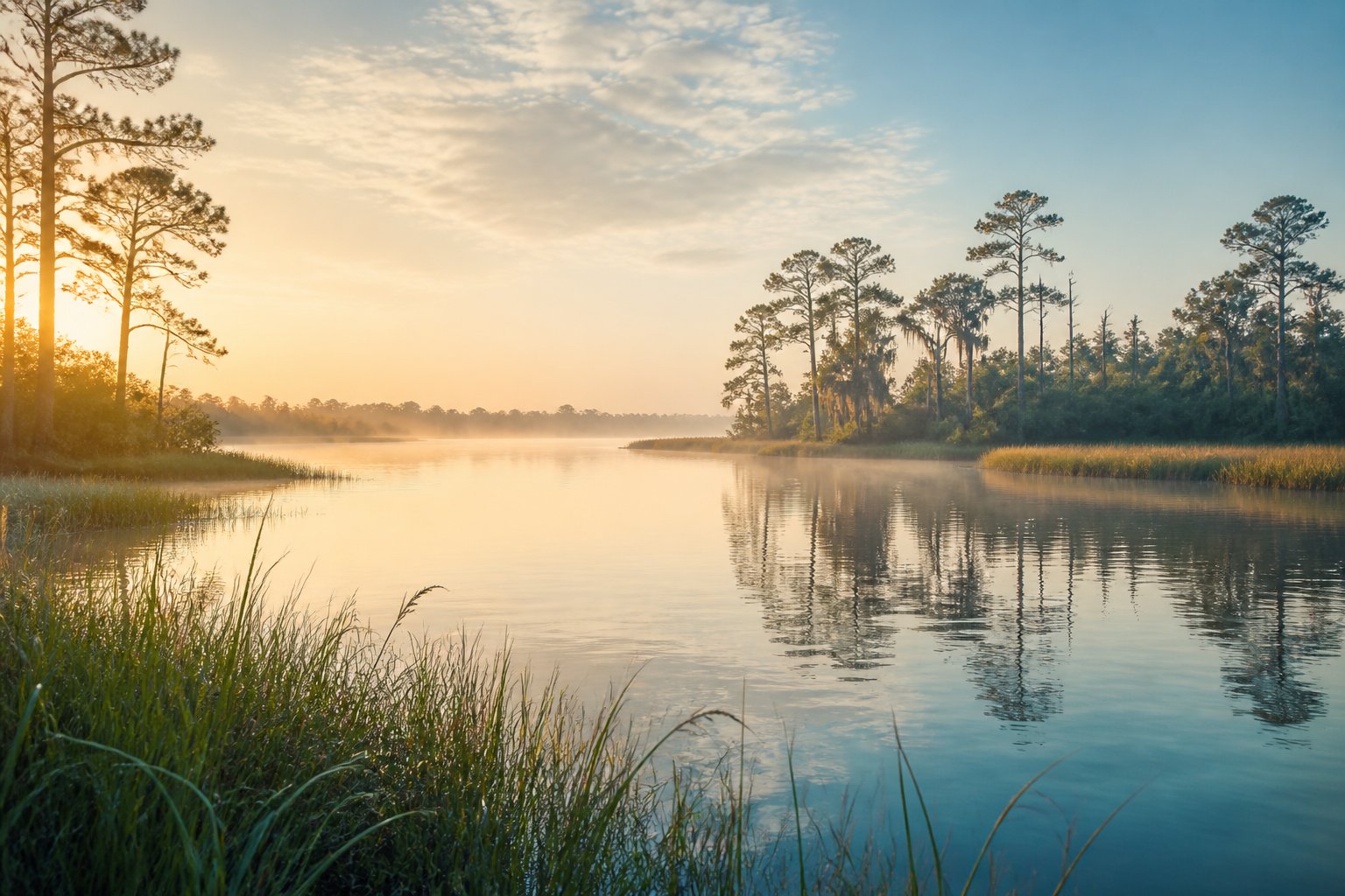 Sunrise over a calm Florida river with marsh grass and pine trees.